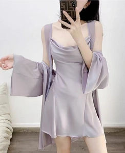 Detail of light purple satin slip dress with sheer long sleeve robe for loungewear