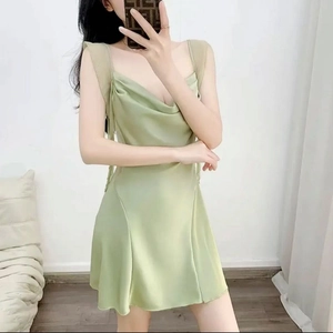 Elegant light green silk satin slip dress with cowl neck and ruffled shoulder straps