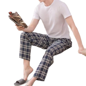 Men's loose fit plaid pajama pants in blue and white breathable cotton fabric