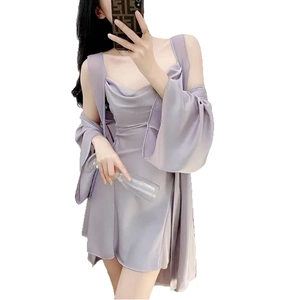 Women's lavender satin pajama set featuring a V-neck slip dress and long sleeve cardigan