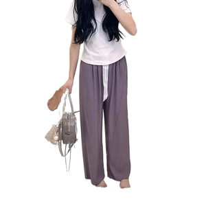 Women wide leg pajama pants in purple viscose fabric with comfortable drawstring waist