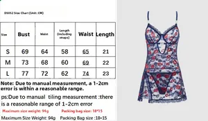Detailed size chart for lace lingerie set featuring red lips pattern and measurements