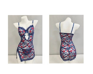 Detail view of navy blue lace lingerie set with red lip prints and silver heart charms