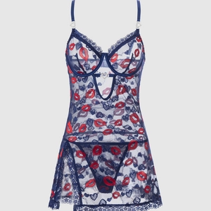 Sexy Lace Lingerie Top And Bottom For Women Valentine Day Red Lips Heart Pattern Polyester Rhinestone Split Nightwear