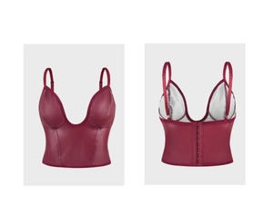 Detail of dark red faux leather camisole tank top with U-neck and back hook closure