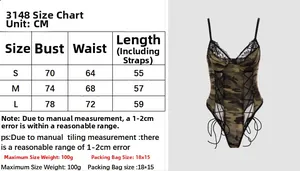 Tableau des tailles avec mesures du buste et de la taille pour le body en dentelle camo