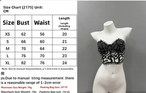 Size chart for strapless lace bustier showing CM measurements for XS to XL sizes