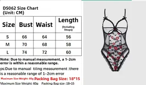 Size chart showing S, M, L measurements for the black mesh lingerie with heart embroidery