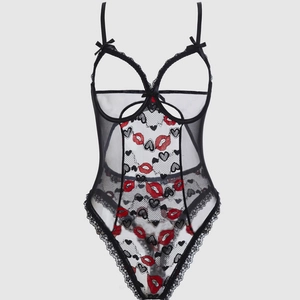 Women Sexy Black Lace Mesh Bodysuit Lingerie With Red Lips Heart Embroidery Open Bust Cut Out Bow Sleepwear Valentine Gift