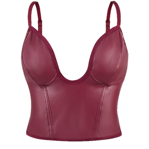 Maroon faux leather bustier crop top with deep V-neck and slim adjustable straps