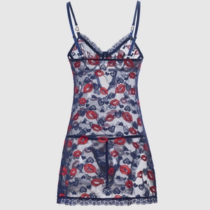 Sexy navy blue lace chemise set with red lip and heart print and sheer mesh detailing