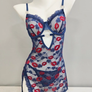 Sexy navy blue lace bodysuit with red lip embroidery and rhinestone heart buckle