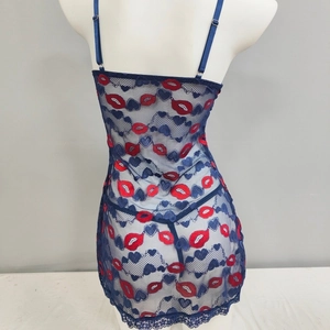 Sexy blue lace mesh chemise with red lip print and blue heart patterns, including thong