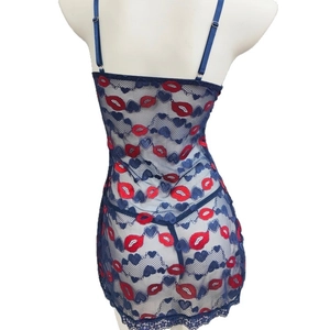 Navy blue lace lingerie set with red lip and heart embroidery in slim fit style