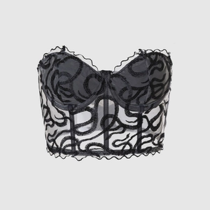 Women Strapless Lace Corset Top Sexy Embroidery Fishbone Mesh Bustier Gothic Party Clubwear Black Cropped Tank Top