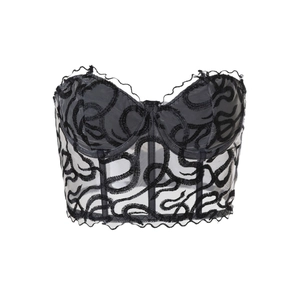 Black strapless lace bustier with floral embroidery and supportive boning mesh structure