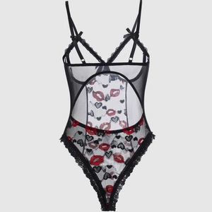 Sexy black lace teddy lingerie with deep V-neck, red lip prints, and bow details