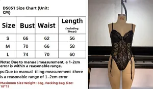 Detaillierte Größentabelle für den Body aus schwarzer Spitze und PU-Leder für S, M und L