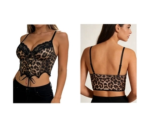 Detailed front and back view of Y2K leopard print lace corset top with lace-up detail