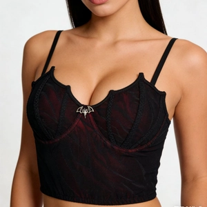 Women Gothic Dark Grunge Corset Top Batwing Shape Mesh Patchwork Cami With Metal Bat Pendant Punk Sexy Short Tank Top