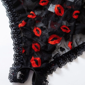 Sexy black lace bodysuit with red lip embroidery and deep V-neck for women's lingerie set