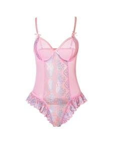 Detailed view of pink mesh bodysuit with blue lace embroidery and sweet ruffled edges