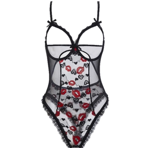 Sexy black mesh bodysuit with open cups, red lip prints, and delicate lace trim