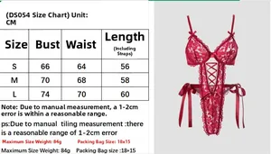 Detailed size chart for red lace bodysuit lingerie featuring S M L measurements in CM