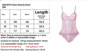 Size chart for lace bodysuit with bust and waist measurements in cm for sizes S M L