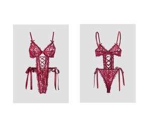 Detailed front and back view of burgundy lace bodysuit with cross ribbon and bows