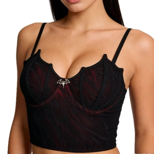 Gothic corset top with bat-shaped neckline and silver bat pendant on dark red mesh