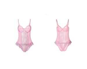 Front and back detail of pink lace mesh bodysuit with ruffled hem and floral embroidery