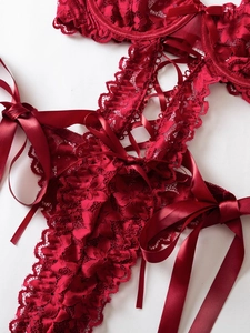 Detail of red floral lace lingerie with elegant satin ribbons and eyelash trim details