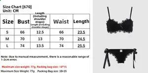 Size chart for black velvet lingerie set including bra and side-tie panties in sizes S-L