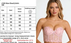 Size chart for pink mesh embroidery corset top with detailed bust and waist measurements
