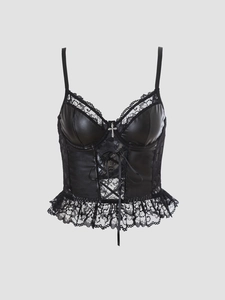 Detail of gothic black corset with PU cups lace trim and cross pendant charm