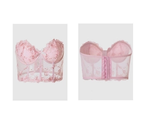 Detailed front and back view of pink floral embroidered corset with lace and mesh detailing
