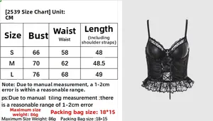 Detailed size chart for black PU leather corset with lace patchwork and lace-up front details