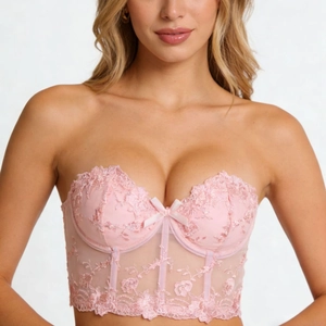 Women Sexy Pink Lace Floral Embroidery Corset Top Mesh Bustier With Boning Bowtie Backless Slim Fit Underwear Short Camisole