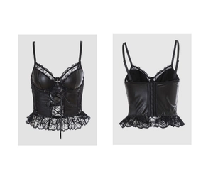 Detail view of gothic black PU corset top with lace trim, lace-up front and cross pendant