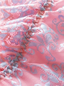 Detailed close-up of pink and blue lace mesh fabric with intricate floral embroidery