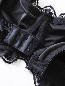 Dettaglio della chiusura a tre file su lingerie in pizzo nero con ricami fini