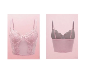 Detailed front and back views of pink lace bustier with embroidery and bow details