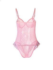 Detailed embroidery on pink mesh bodysuit with delicate lace ruffles and floral patterns