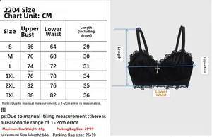 Detailed size chart for lace velvet bra featuring up bust, down waist, and length in cm