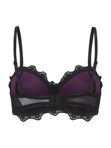 Detail of dark purple velvet bra back with black lace trim and mesh paneling