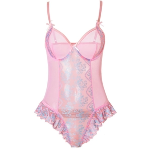 Women Sexy Lace Bodysuit See-Through Mesh Floral Embroidery Lingerie With Ruffles Pink Sweet Sleeveless Shaping Underwear