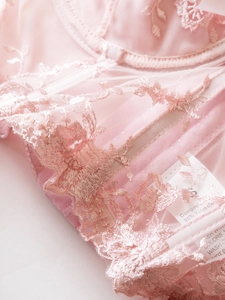 Detail of pink floral lace embroidery and fabric label on a mesh corset top