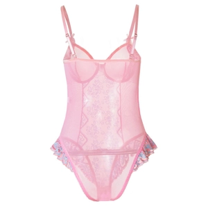 Pink sheer lace bodysuit with mesh paneling and frilly blue ruffles on a white background