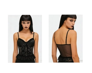 Détail du corset gothique en satin avec bordure en dentelle et laçage croisé sur le devant